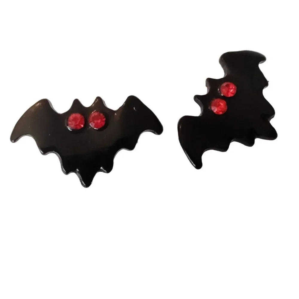 Black Bat Earrings Red Rhinestone Eyes Small Post Goth Halloween